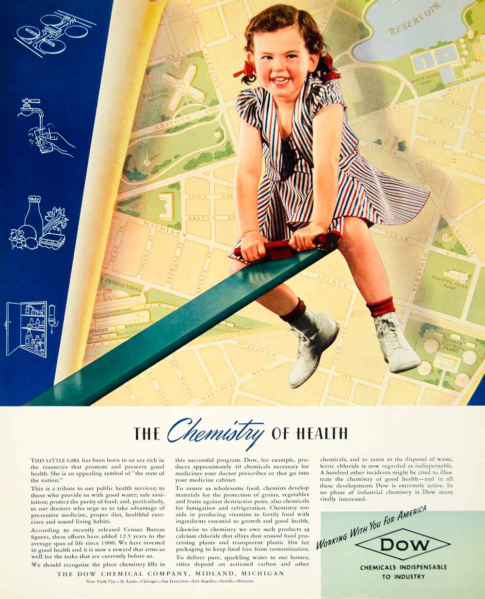 1941 Ad Dow Chemical Midland Michigan Child Teeter Tot Cityscape Industrial YFT1