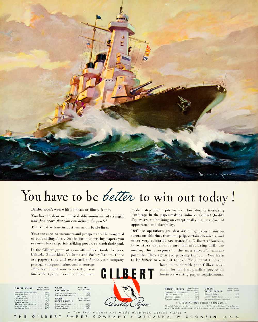 1942 Ad Gilbert Paper Menasha Wisconsin Ship Sail Military Win Walter YFT1