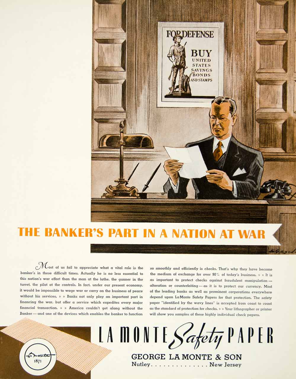 1942 Ad George La Monte Safety Paper World War II Banker Nutley Jersey S YFT1