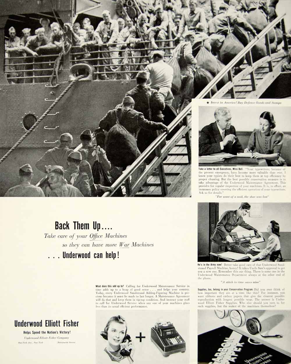 1942 Ad Underwood Elliott Fisher Military World War II Navy Ship Defense YFT1