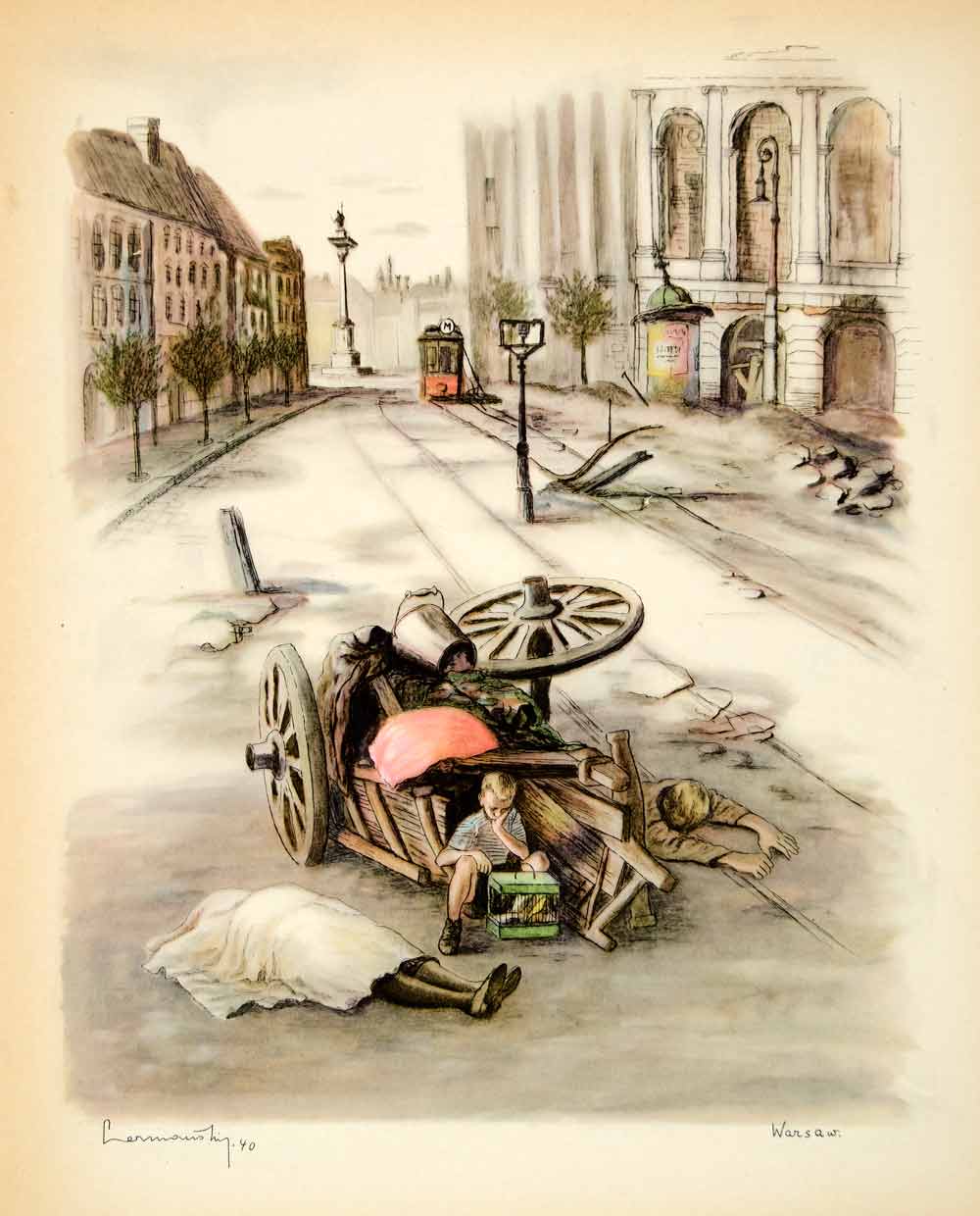 1941 Color Print Warsaw Poland Street Scene Cityscape Zdzislaw Czermanski YFT1