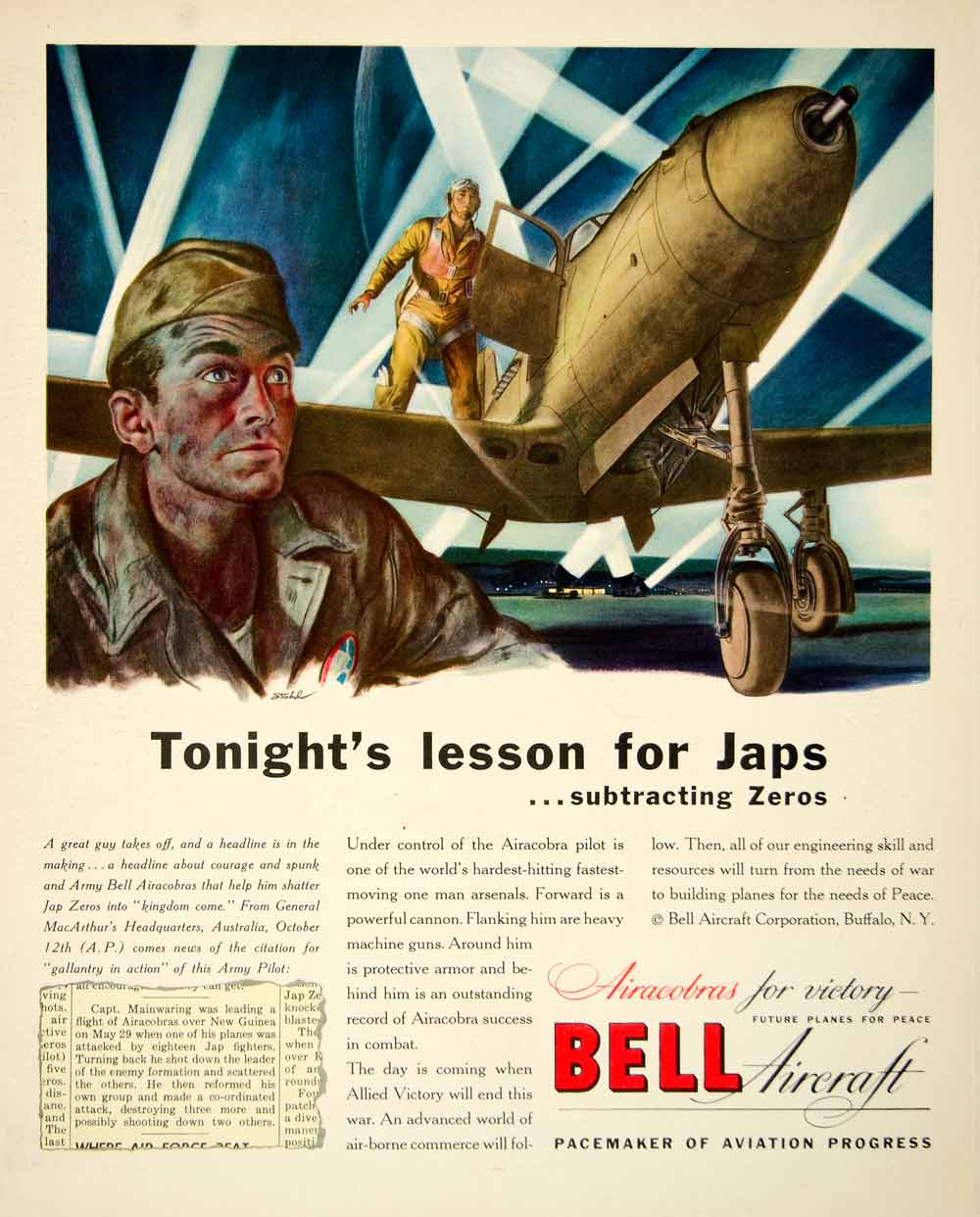 1943 Ad World War II Bell Airacobra Aircraft Plane Stohl Zeros Allied YFT2