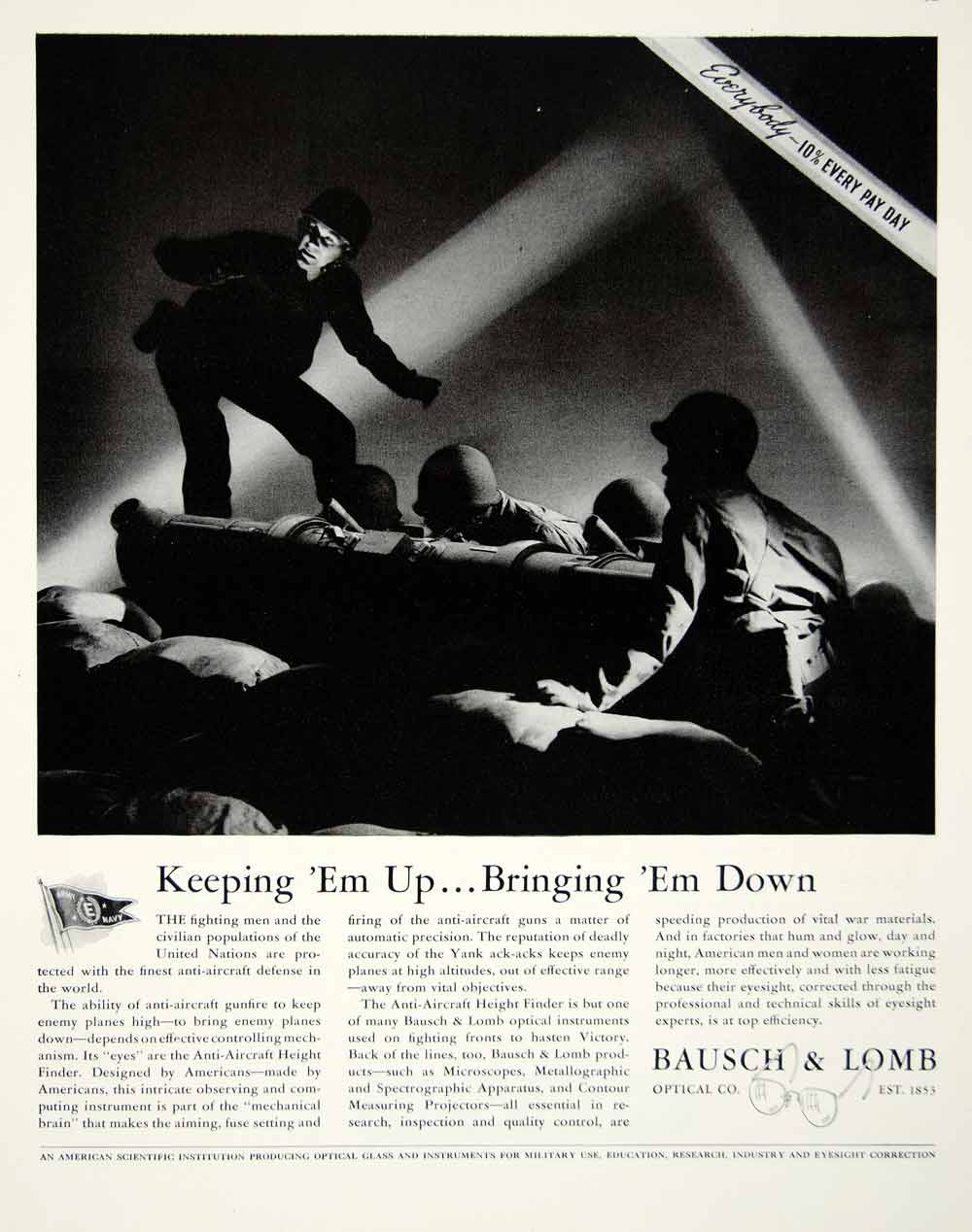 1943 Ad Bausch Lomb Optical World War II Soldier Anti-Aircraft Height YFT2