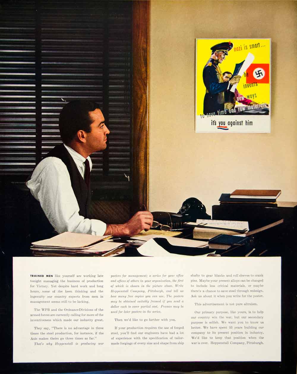 1943 Ad World War II Heppenstall Allies Axis Motivational Poster Effort YFT2