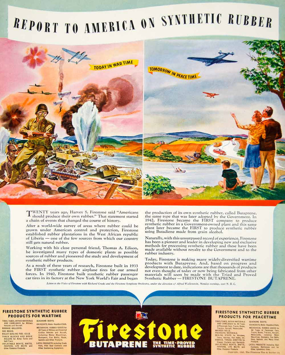 1943 Ad Firestone World War II Synthetic Rubber Machine Gun Tank Butap ...