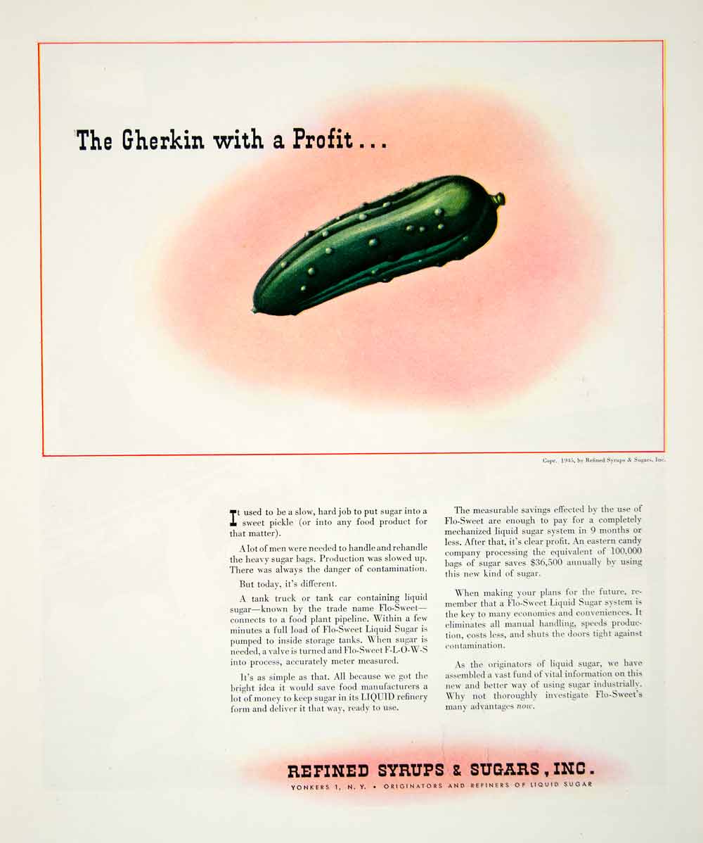 1945 Ad Gherkin Pickle Refined Syrups Sugars Yonkers Flo-Sweet Industrial YFT2