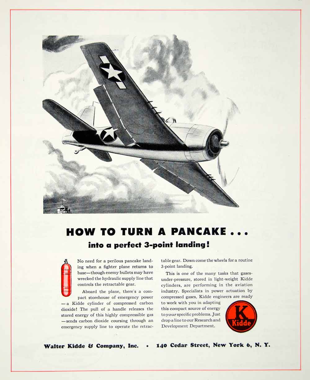 1945 Ad Fighter Plane WWII Walter Kidde 140 Cedar Street Emergency Landing YFT2