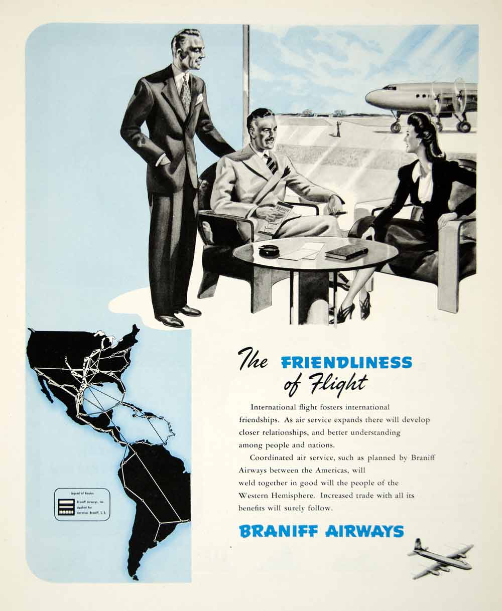 1945 Ad Braniff Airways Airline Aerovias International Airport Flight YFT2