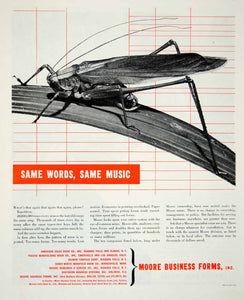 1945 Ad Moore Business Forms Grasshopper Katydid Gilman Cosby-Wirth YFT2