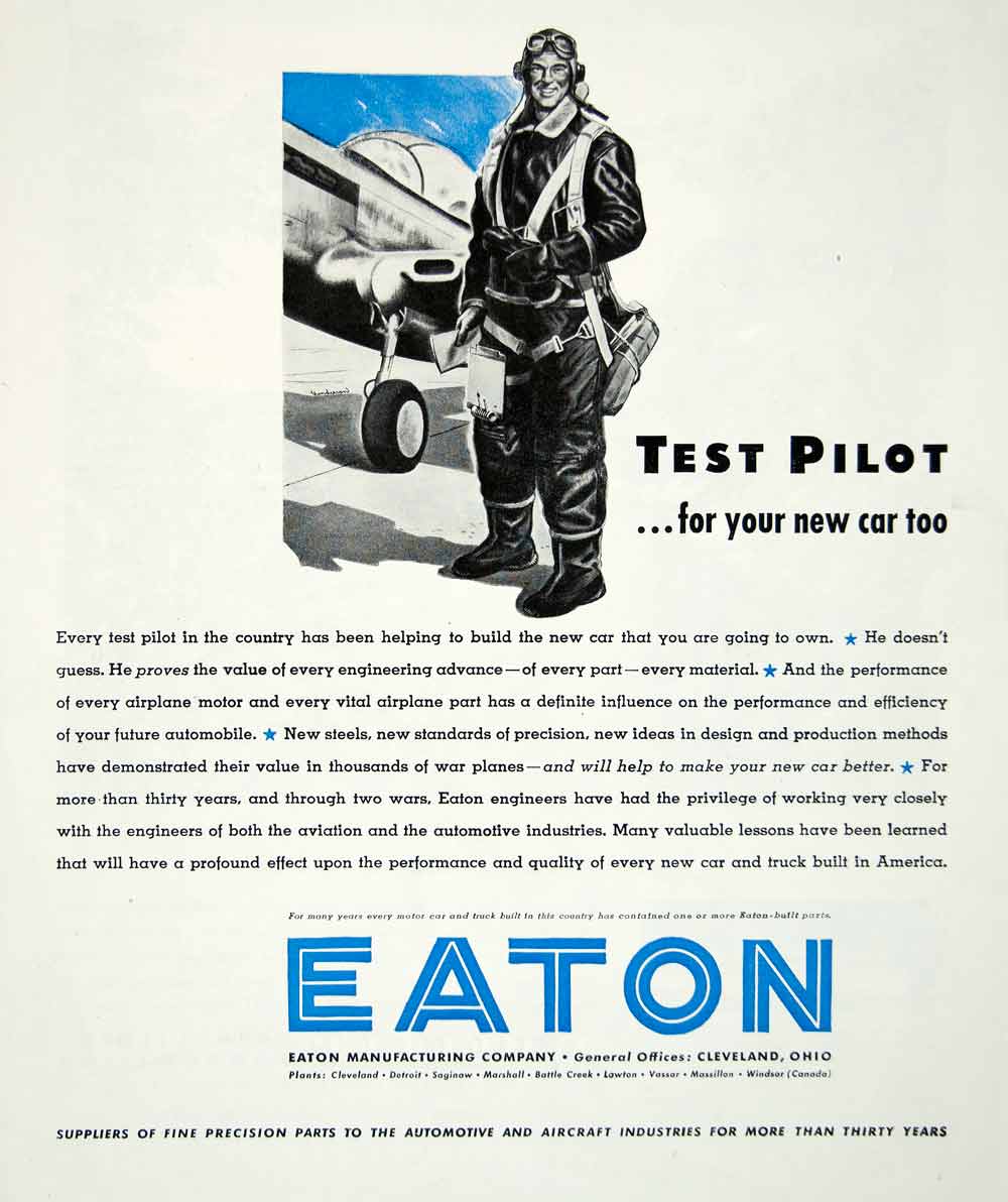 1945 Ad Eaton Manufacturing Test Pilot World War II Plane