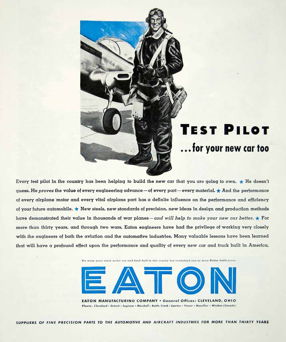 1945 Ad Eaton Manufacturing Test Pilot World War II Plane Automotive YFT2