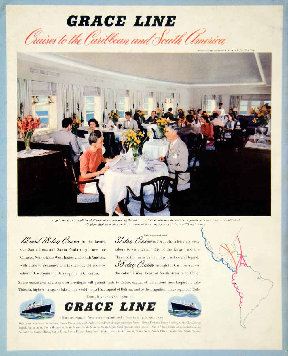 1947 Ad Grace Line Cruises Caribbean South America Dinning Hall Boat Ship YFT3