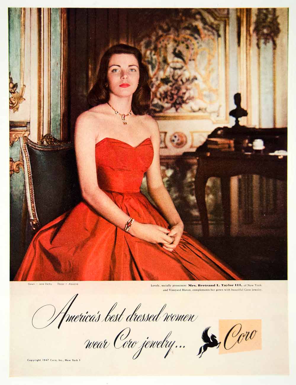 1947 Ad Coro Jewelry Jane Derby Red Gown Alavione Decor Bertrand L. Taylor YFT3