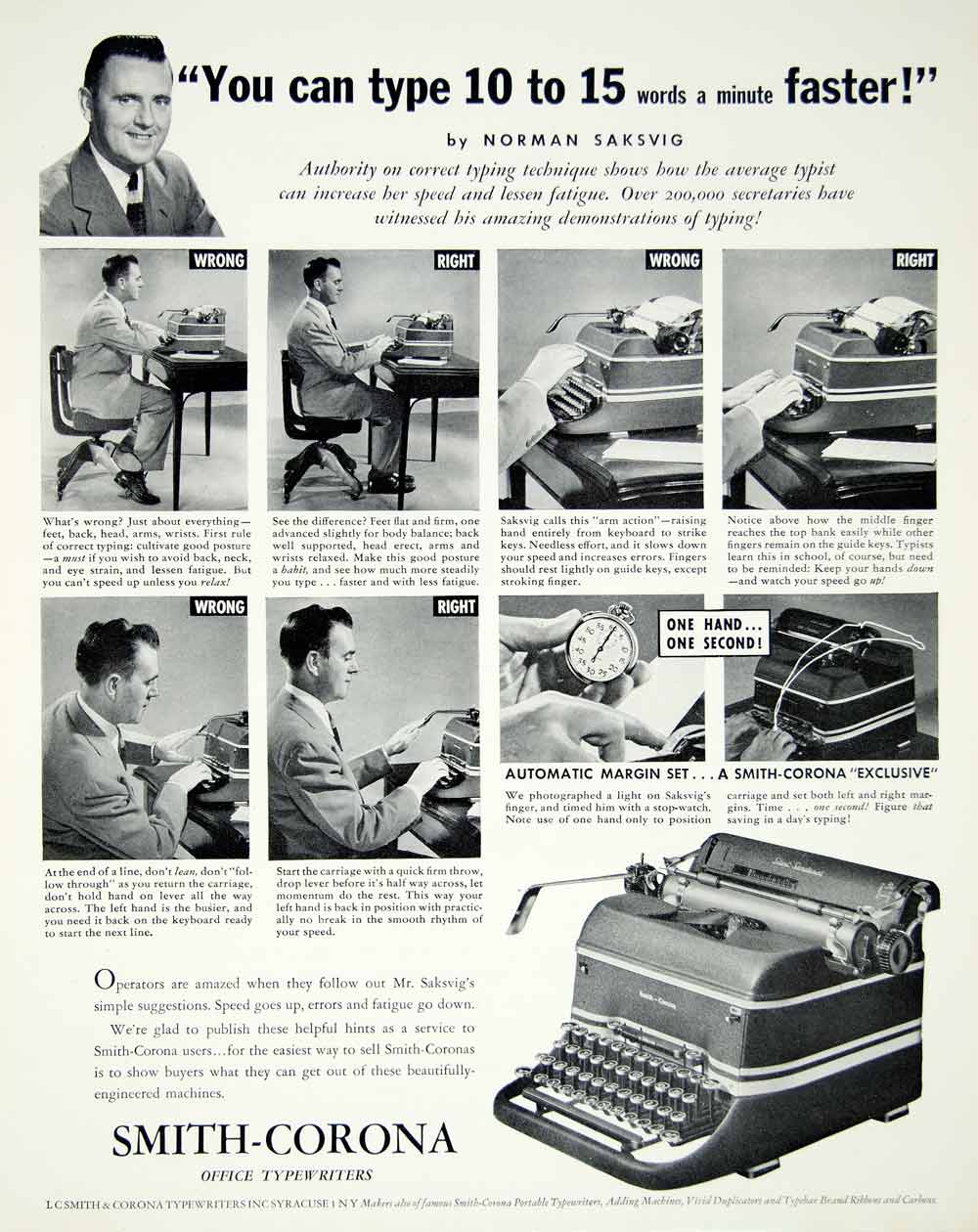 1947 Ad Smith Corona Office Typewriter Company Norman Saksvig Syracuse New YFT3