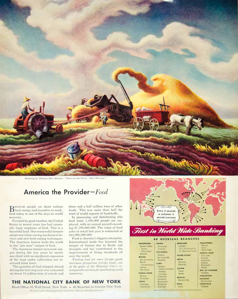 1948 Ad National City Bank New York Farm Agriculture Harvest Thomas Hart YFT3