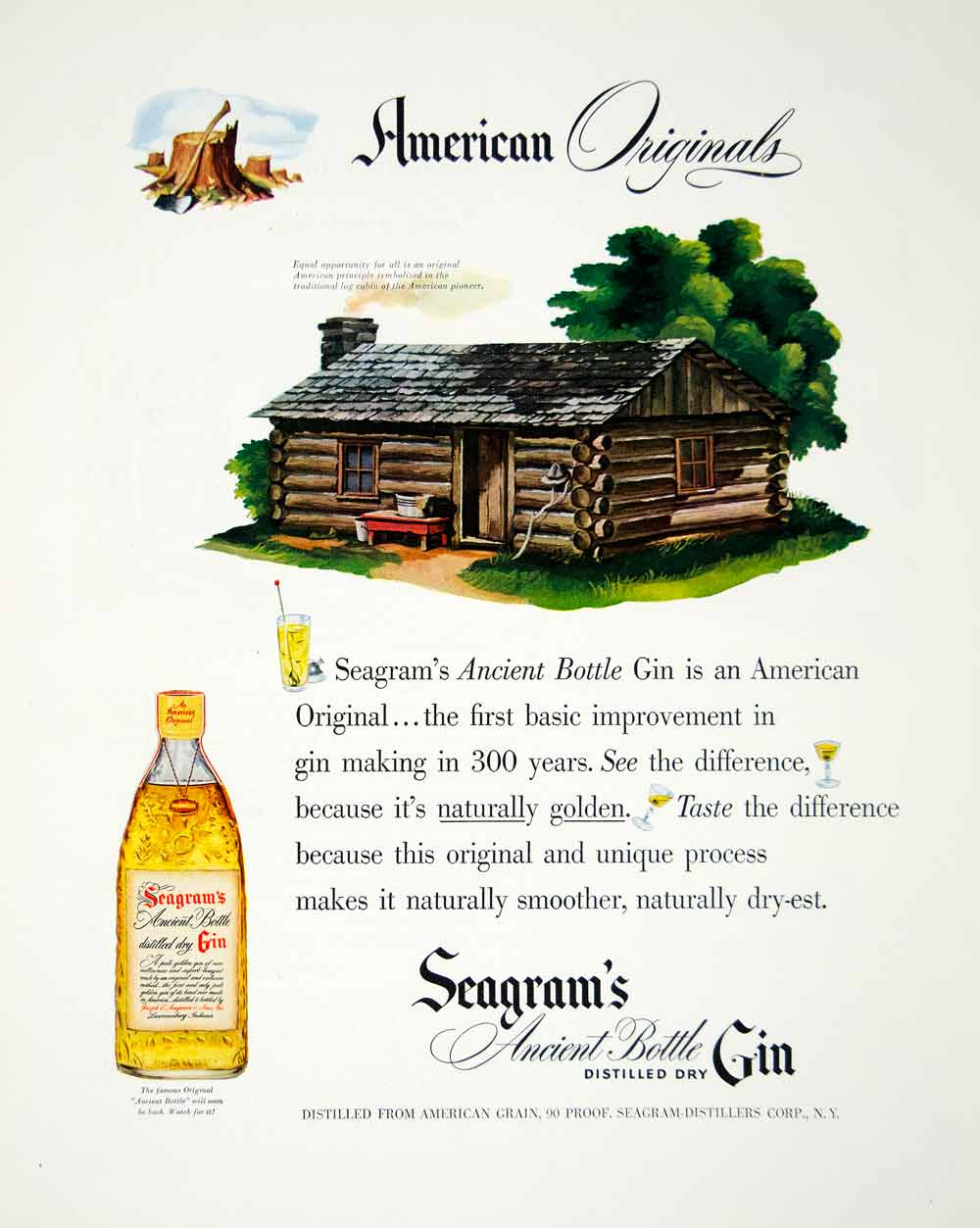 1948 Ad Seagran Ancient Bottle Distill Dry Gin American Log Cabin Alcohol YFT3