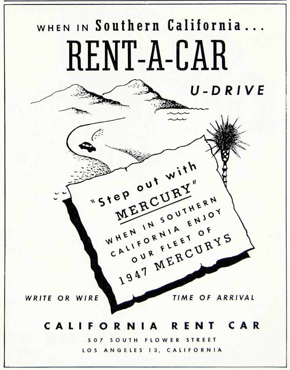 1947 Ad California Rent Car Mercury Travel Vacation Landscape Vehicle YFT3