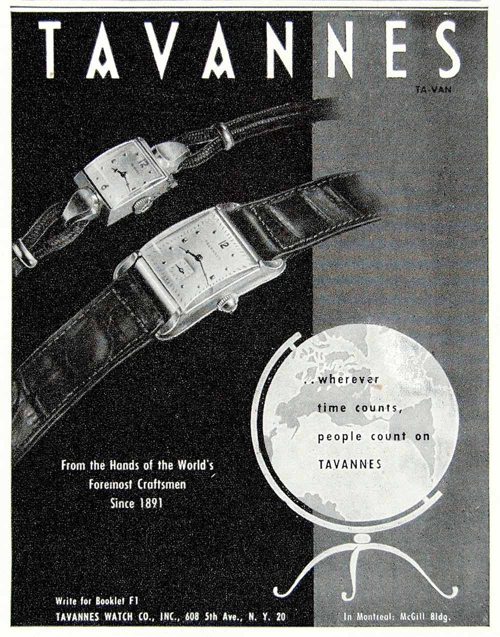 1947 Ad Tavannes Watches Jewelry Men Women Fashion Time Globe 608 Fifth YFT3