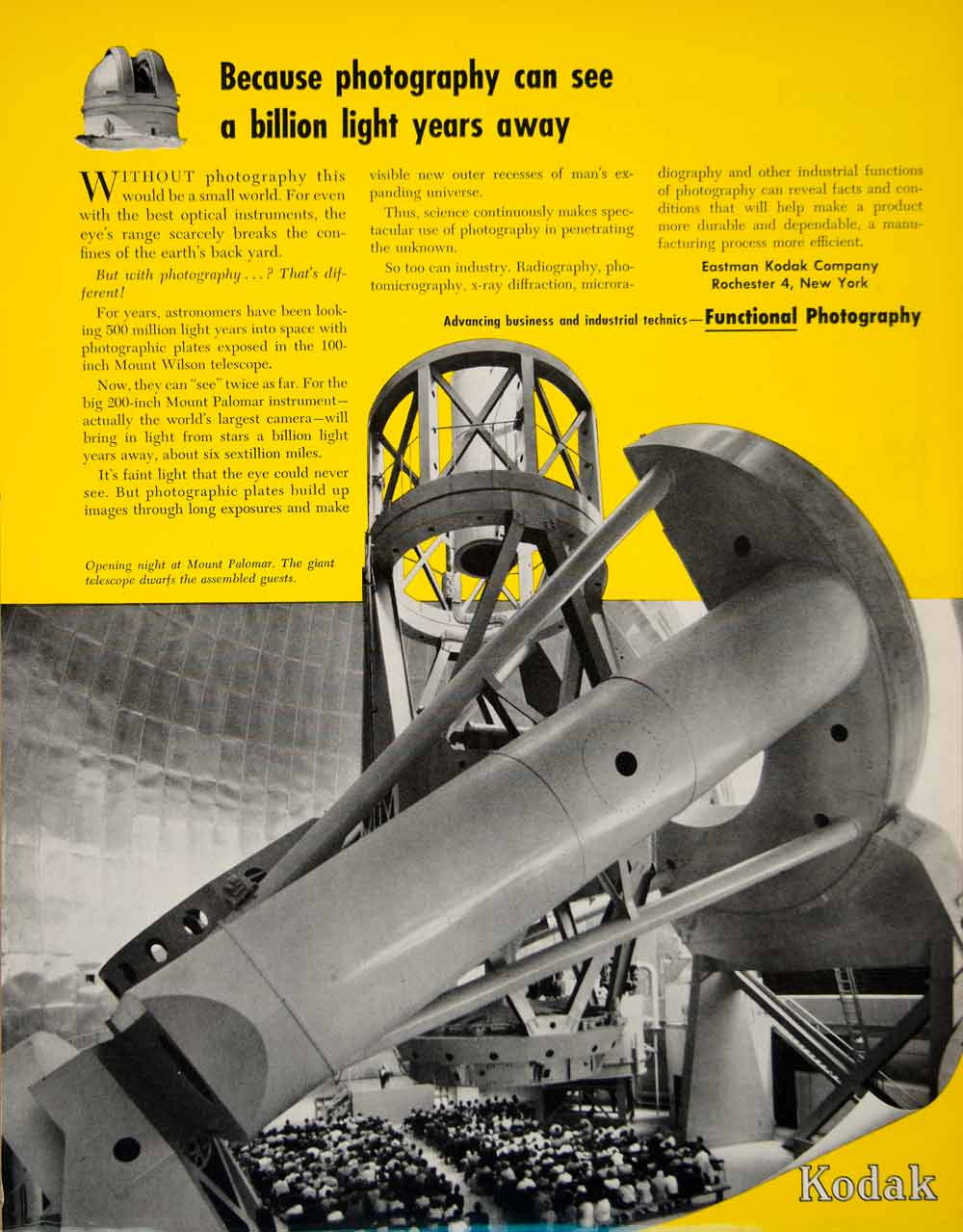 1949 Ad Eastman Kodak Palomar Observatory Hale Telescope Scientific Yellow YFT4