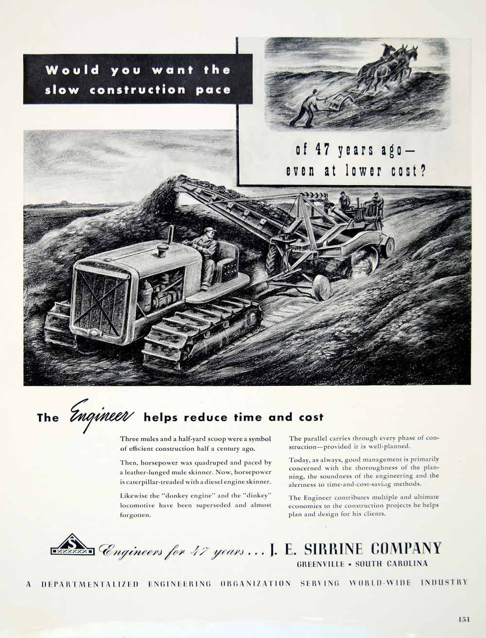 1949 Ad J E Sirrine Engineer Bulldozer Tractor Construction Greenville Dirt YFT4