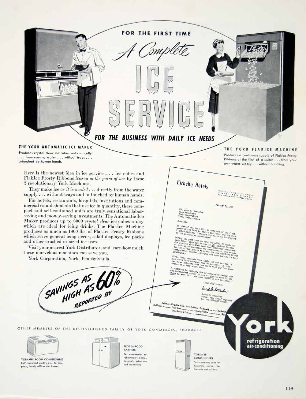 1949 Ad York Kirkeby Hotels Flakice Automatic Ice Maker Frosty Ribbons YFT4