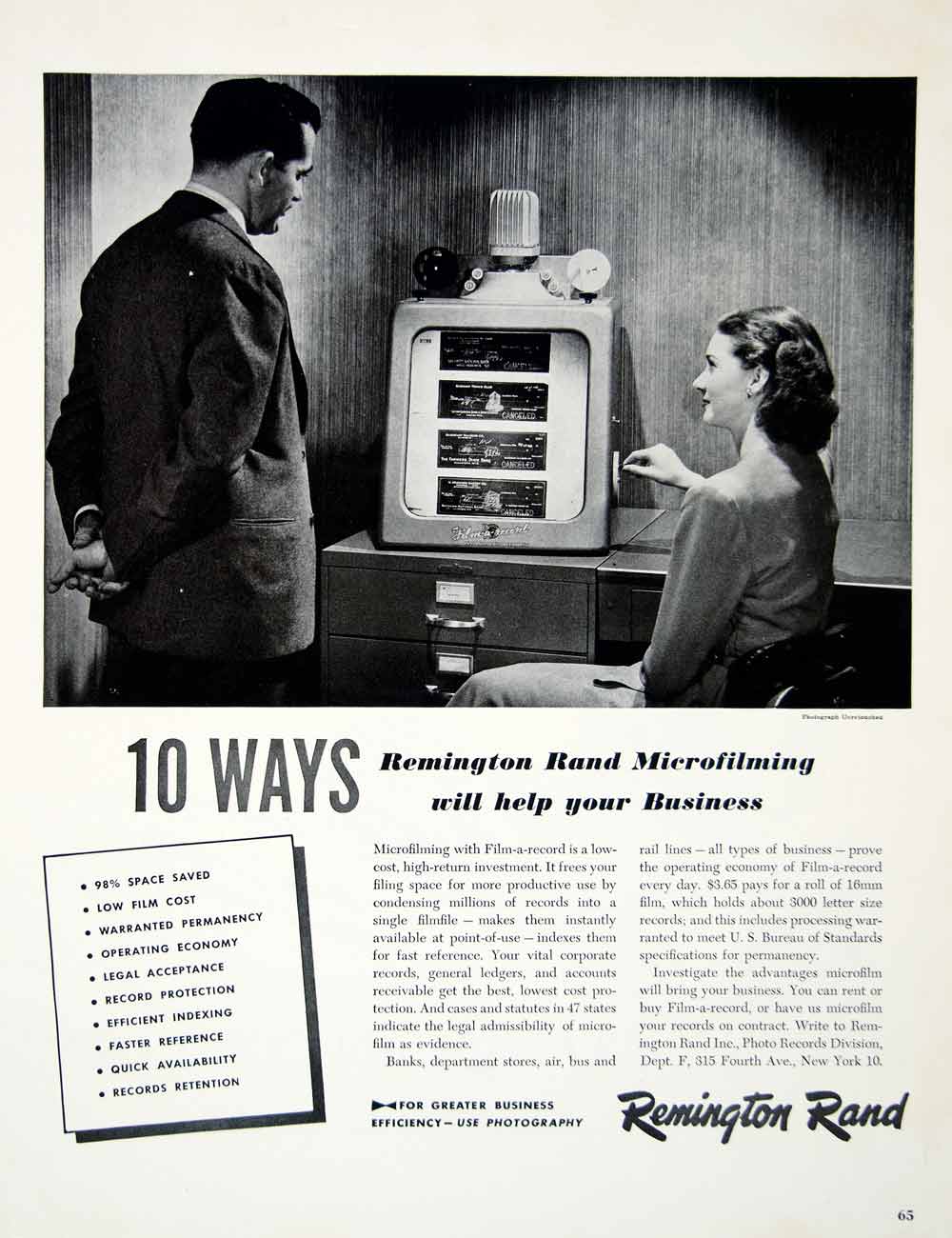 1949 Ad Remington Rand Microfilm Machine 315 Fourth Avenue Film-A-Record YFT4