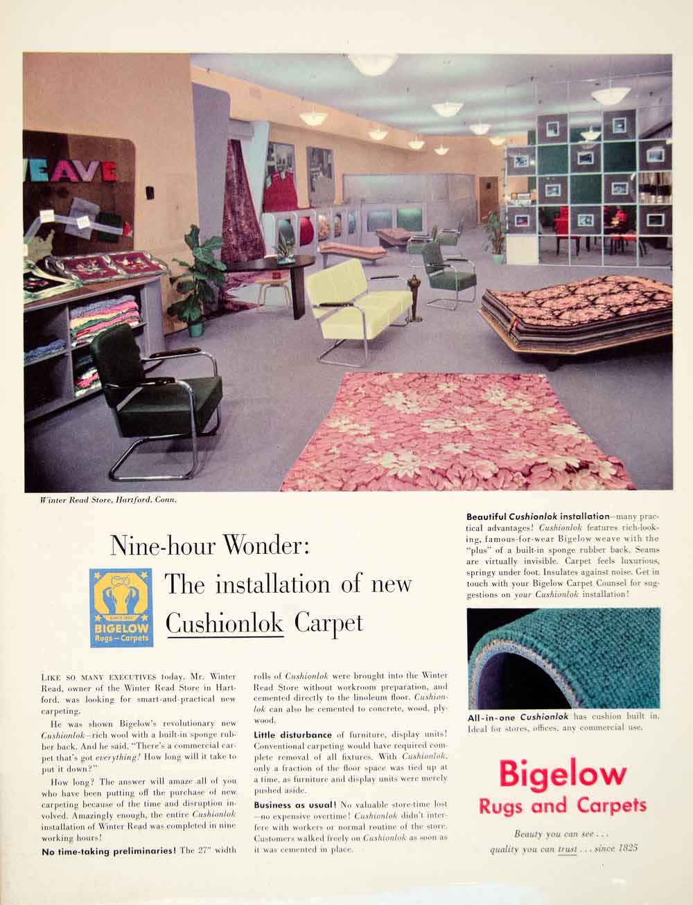 1949 Ad Bigelow Rugs Carpets Interior Design Winter Read Store Hartford YFT4