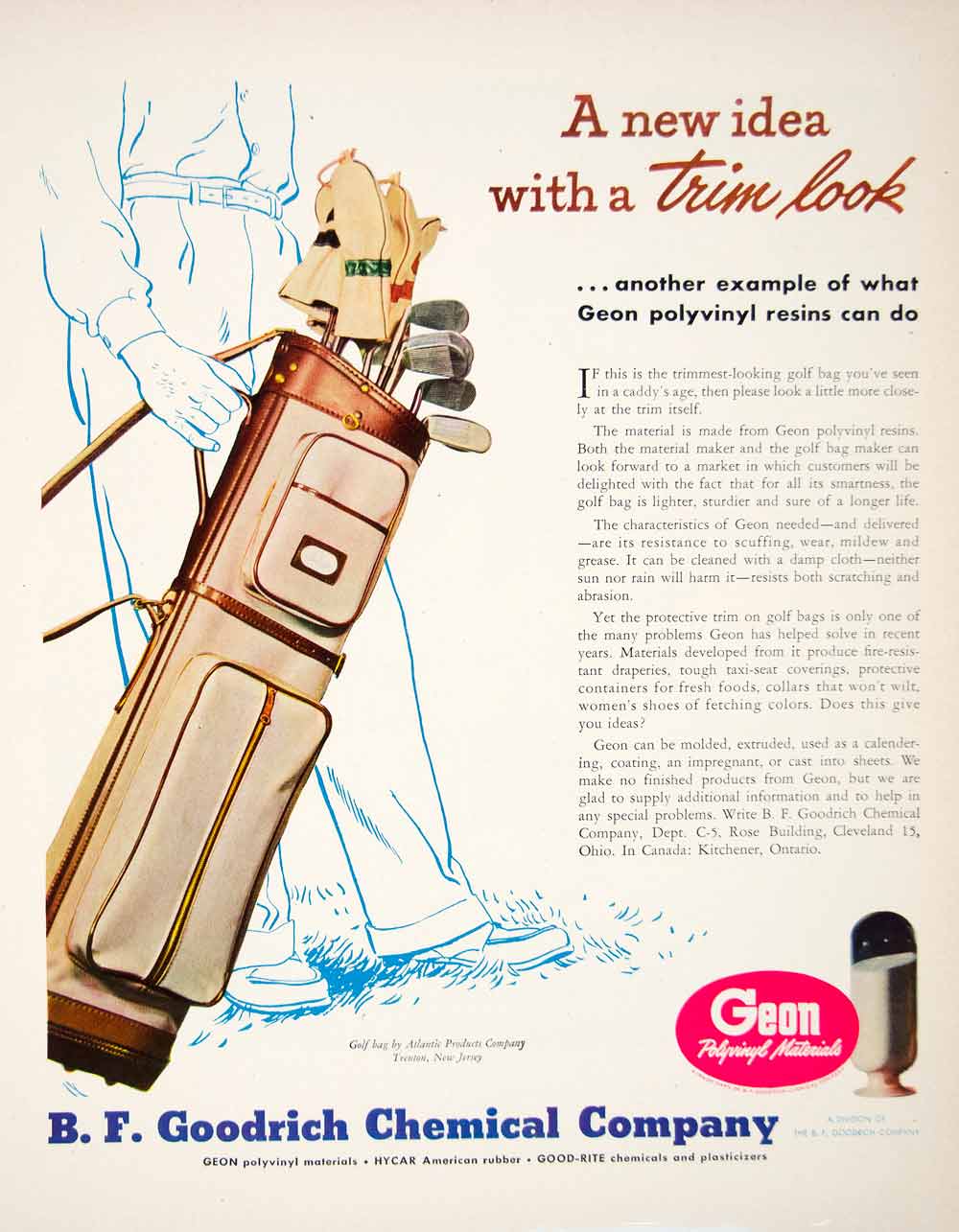 1949 Ad B F Goodrich Chemical Company Golf Club Bag Caddy Geon Polyvinyl YFT4