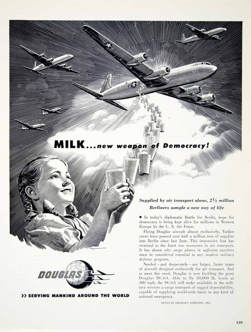 1949 Ad Douglas Aircraft Company Airplane Child Girl Milk Transport Berlin YFT4