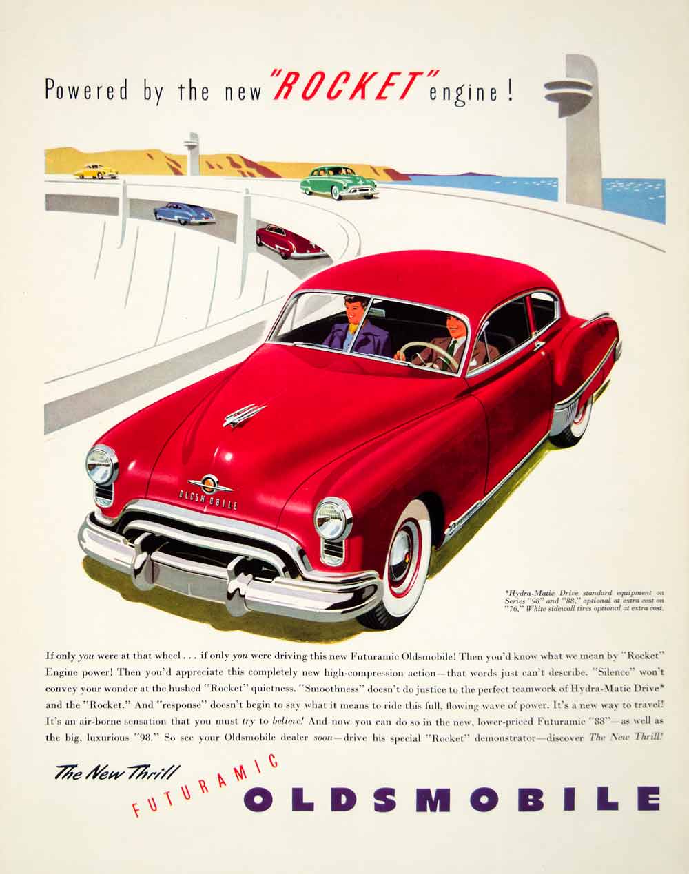 1949 Ad Oldsmobile Rocket Engine Futuramic Hydra-Matic Drive Red Highway YFT4