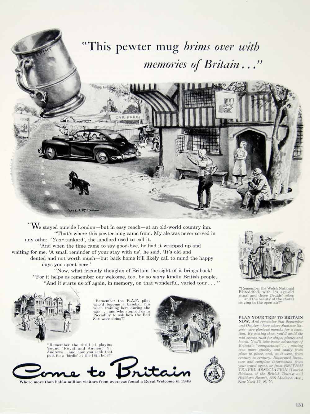 1949 Ad Travel Great Britain Cottage Inn Quaint Pewter Mug Vacation Clive YFT4