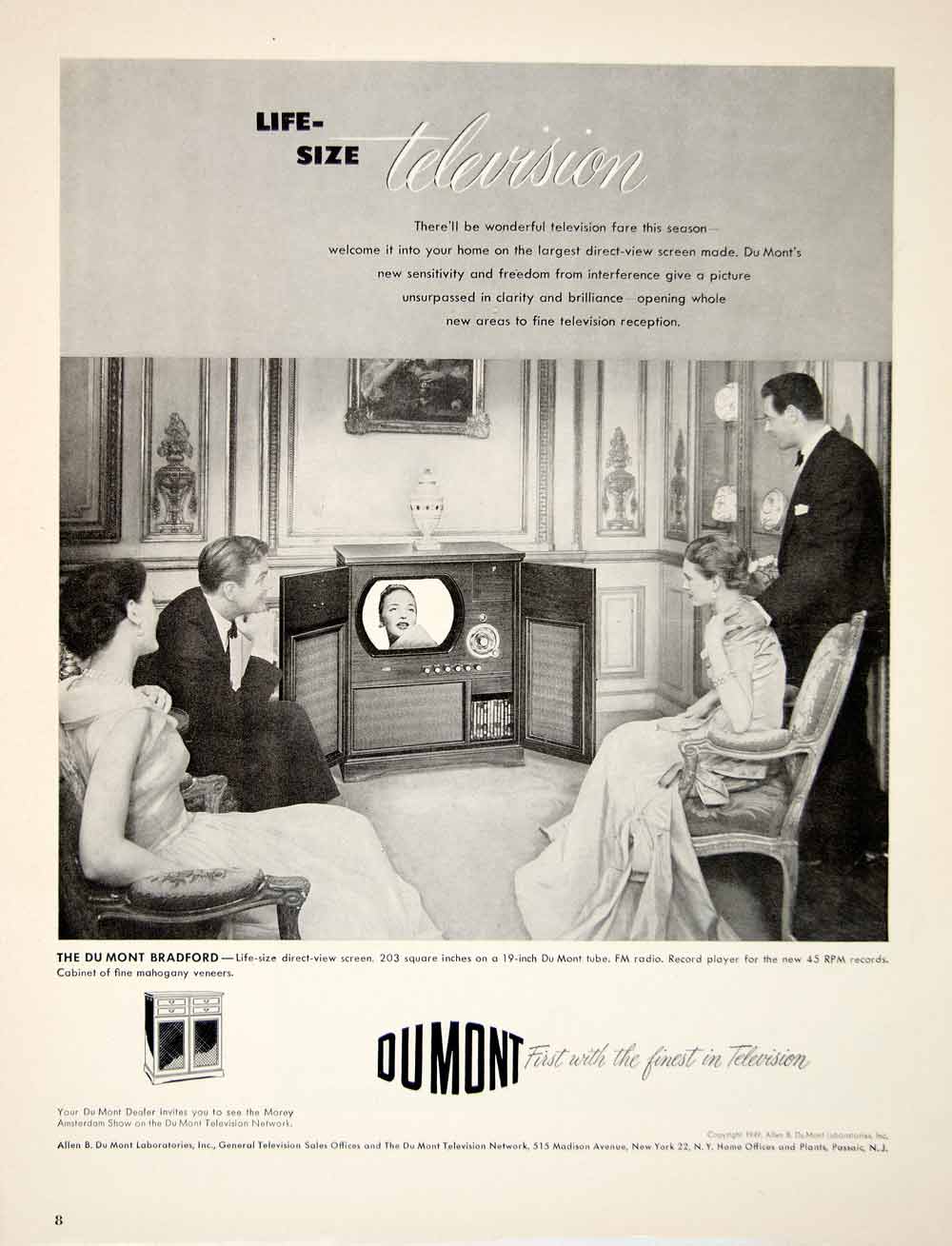 1949 Ad Du Mont Bradford Television Set Life Size Entertainment Living Room YFT4