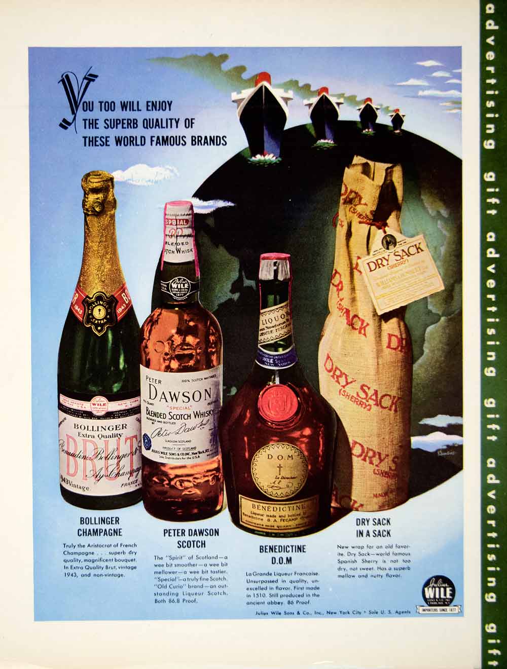1949 Ad Julius Wile Son Company Bollinger Champagne Peter Dawson Scotch Dry YFT4
