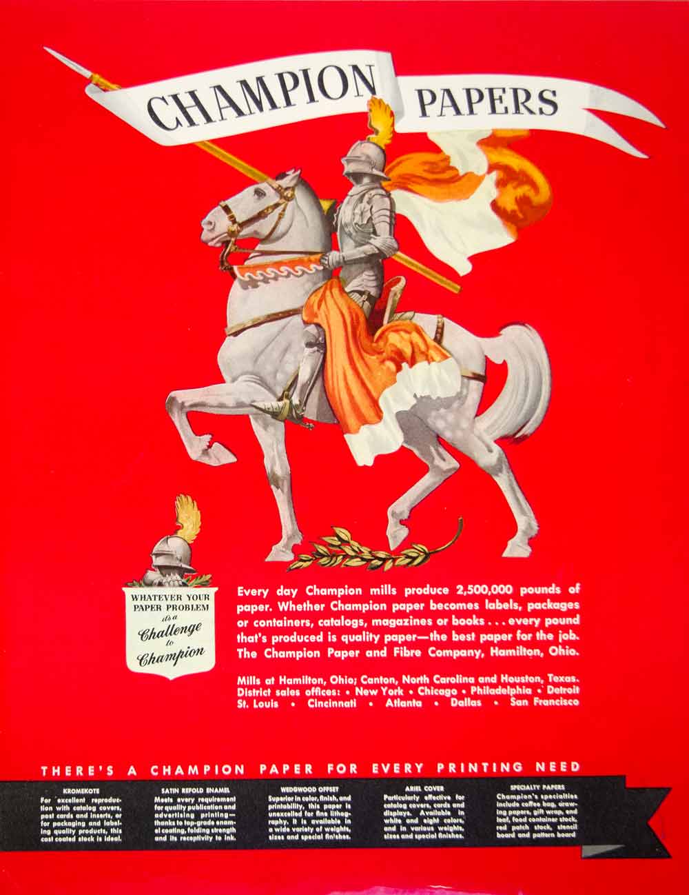 1949 Ad Champion Paper Printing Industry Medieval Horse Armor Knight J ...