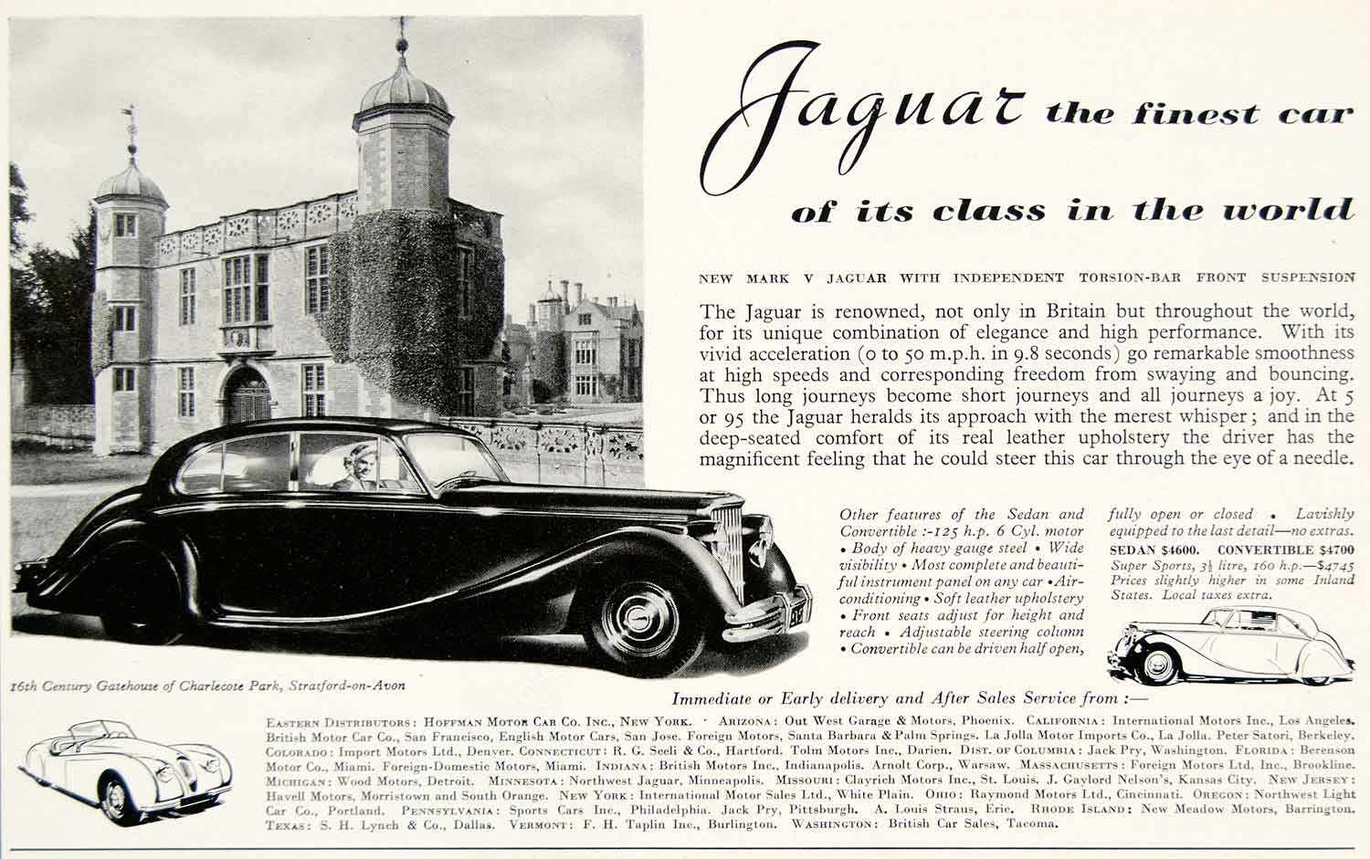 1949 Ad Jaguar Car Sport Gatehouse Charlecote Park Statford On Avon YFT4