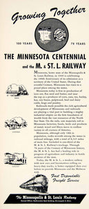 1949 Ad Minnesota Centennial Minneapolis St Louis Railway Train Travel YFT4