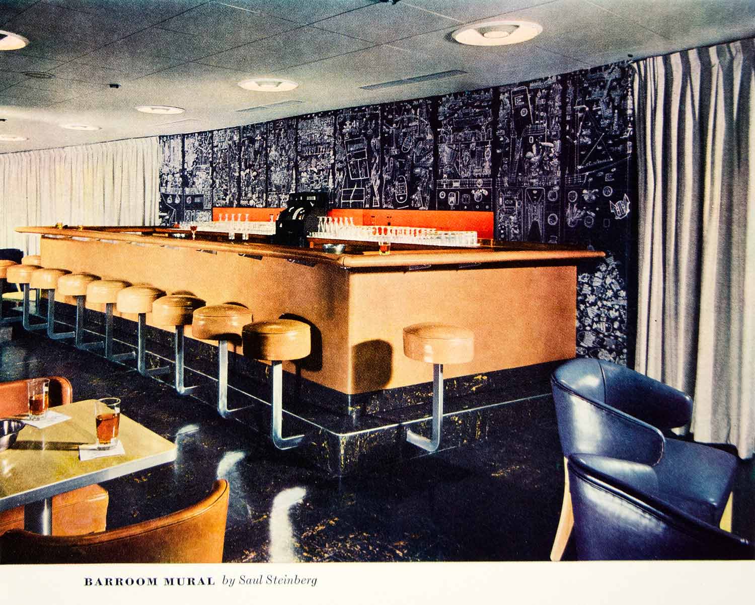 1949 Color Print Barroom S. S. Exeter Cruise Ship Mural Furniture Diner YFT4