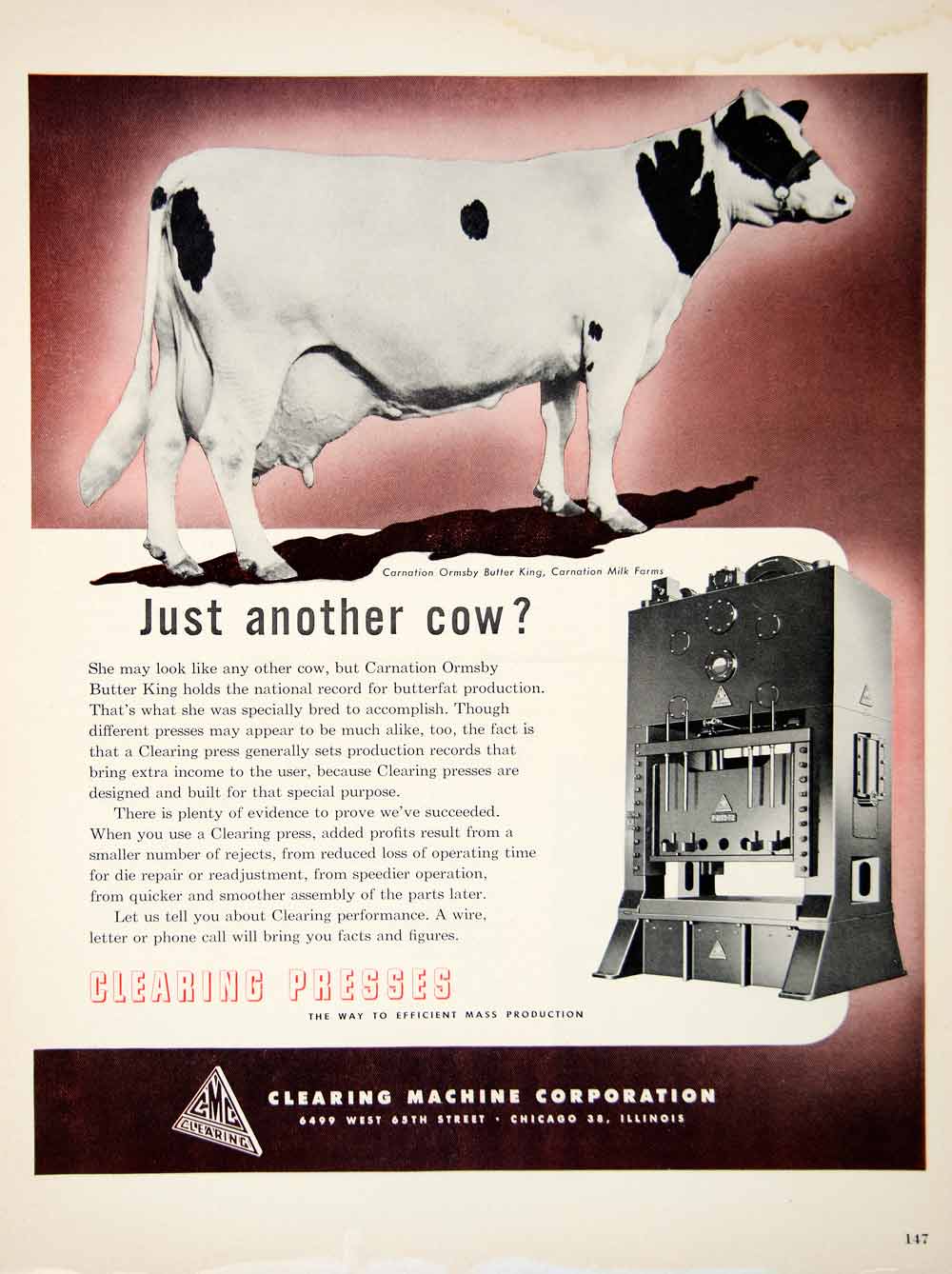1950 Ad 6499 W 65th St Chicago Illinois Cow Clearing Press Dairy Production YFT5