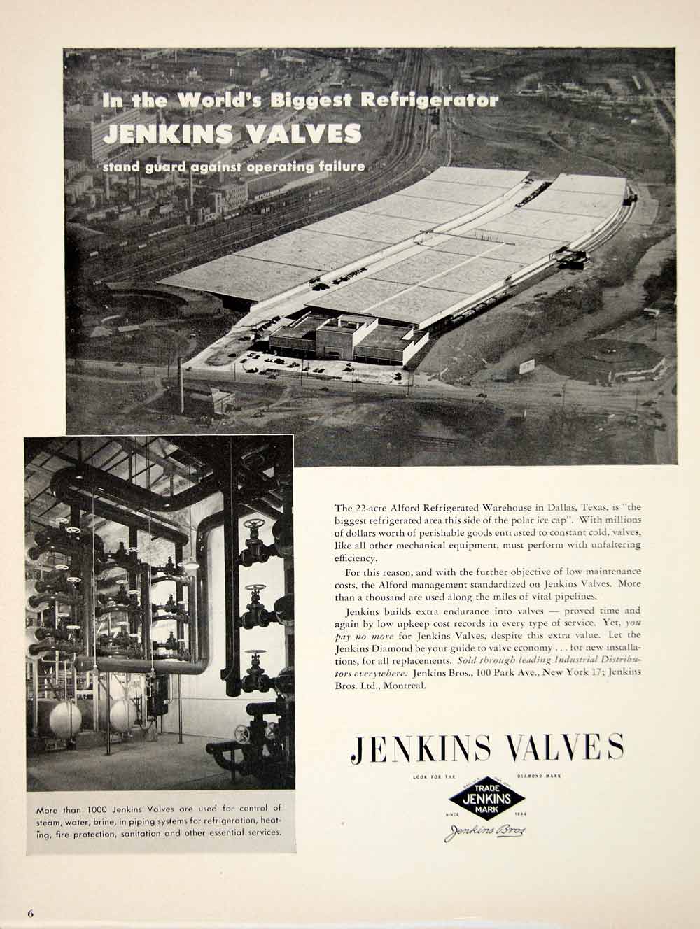1950 Ad Jenkins Bros Pipe Valves Alford Refrigerated Warehouse 100 Park Ave YFT5