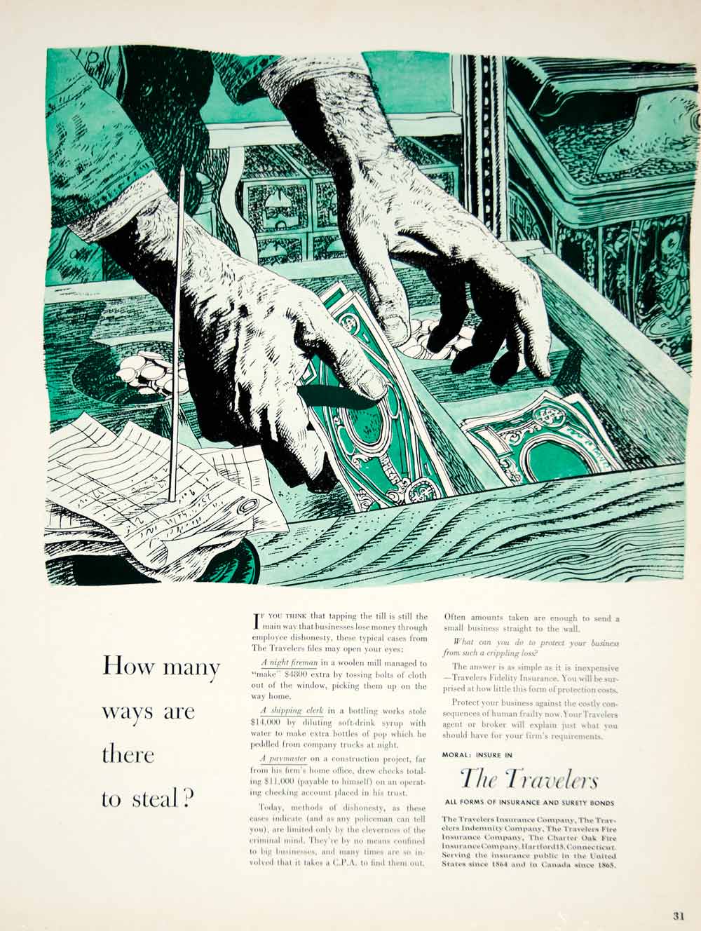 1950 Ad Travelers Fidelity Insurance Banking Finance Surety Bonds Money Art YFT6