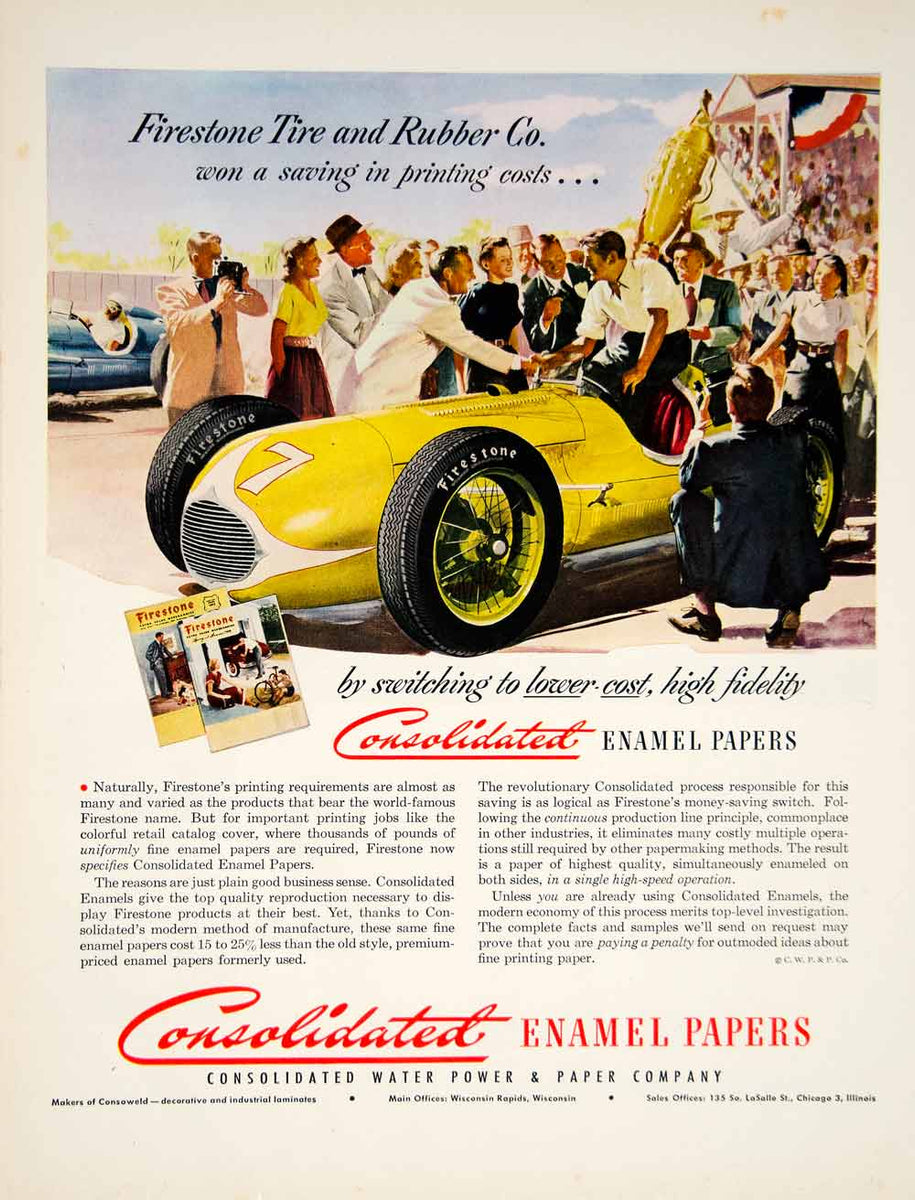 1950 Ad Consolidated Enamel Papers Firestone Tires Race Car Auto Sport ...