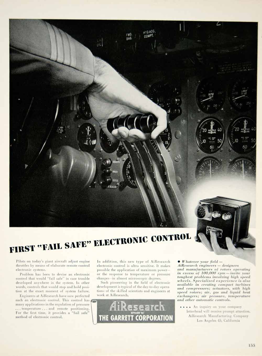 1950 Ad Garrett AiResearch Fail Safe Control Aviation Airplane Engineering YFT6