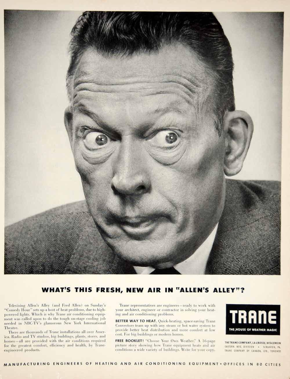 1950 Ad Trane Air Conditioner Appliance Fred Allen's Alley TV Show Comedian YFT6
