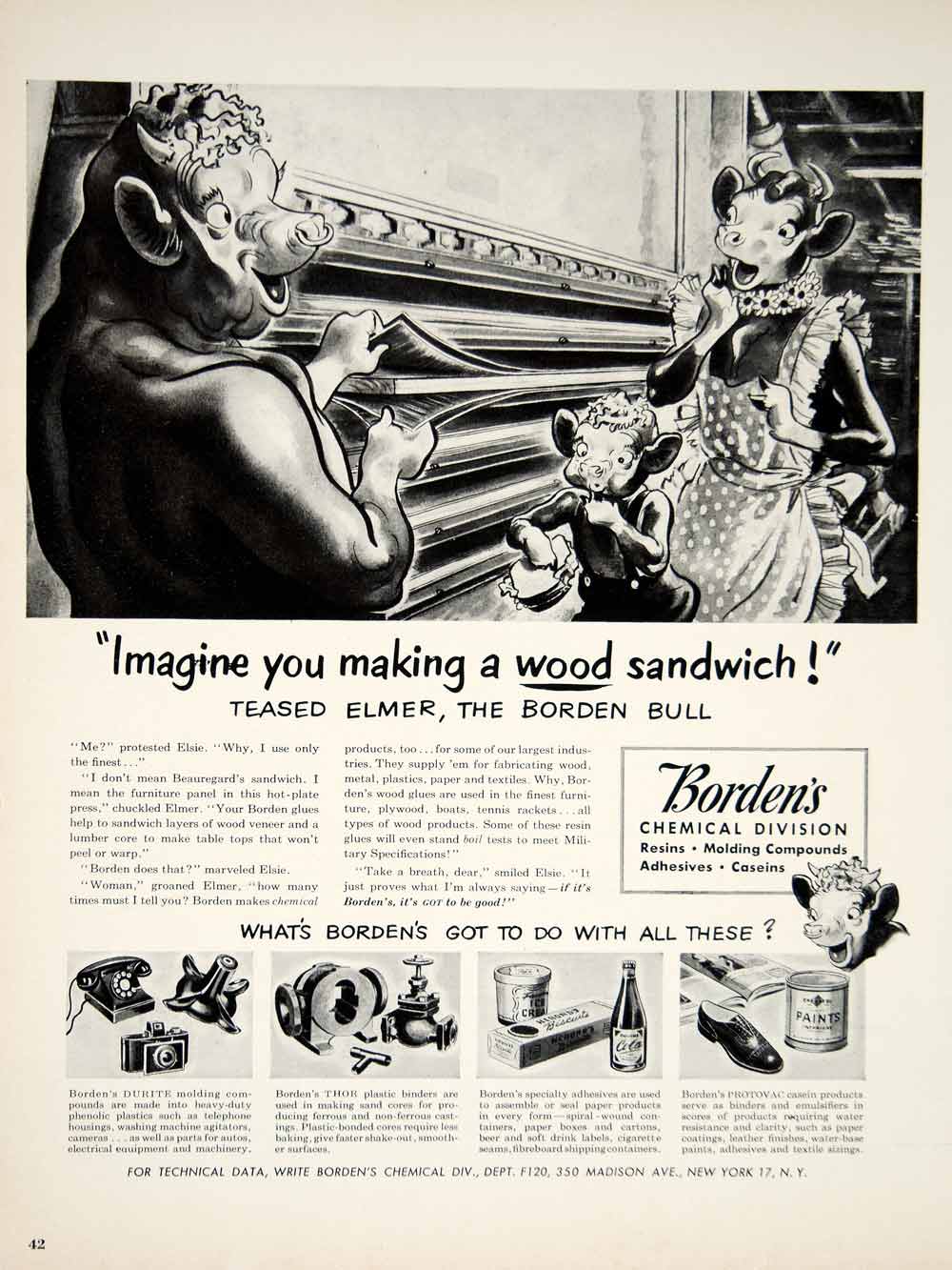 1950 Ad Borden's Chemical Wood Glue Industry Elmer Elsie Beauregard Cow Art YFT6