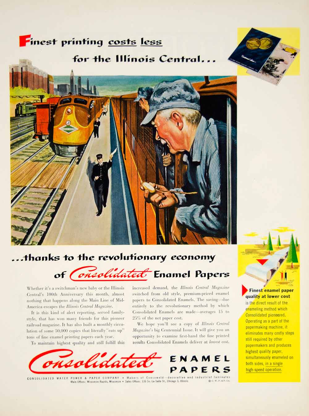 1951 Ad Consolidated Enamel Papers Illinois Central Railroad Train Engineer YFT7