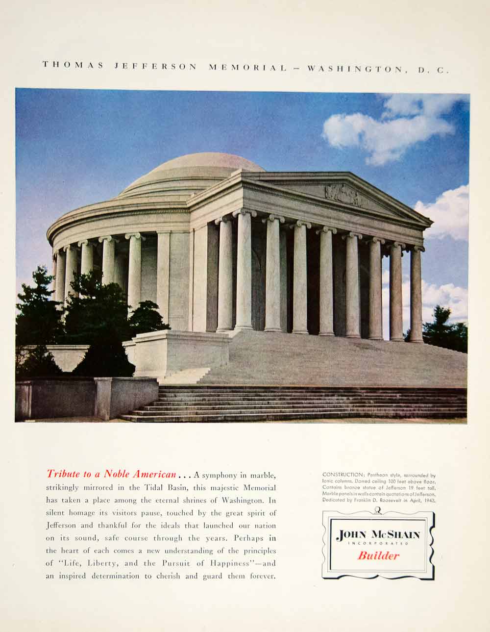 1951 Ad John McShain Building Contractor Jefferson Memorial Washington DC YFT7