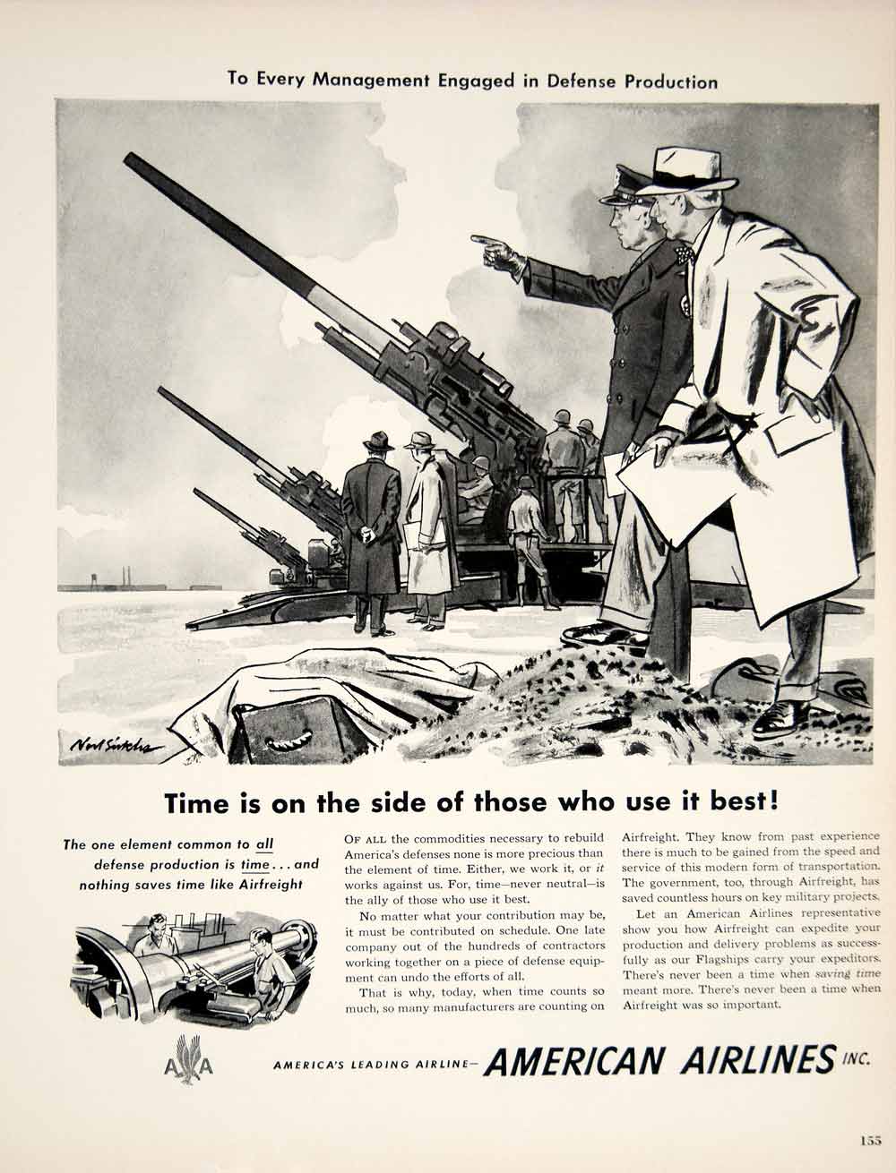 1951 Ad American Airlines Airfreight Noel Sickles Art Military Artillery YFT7