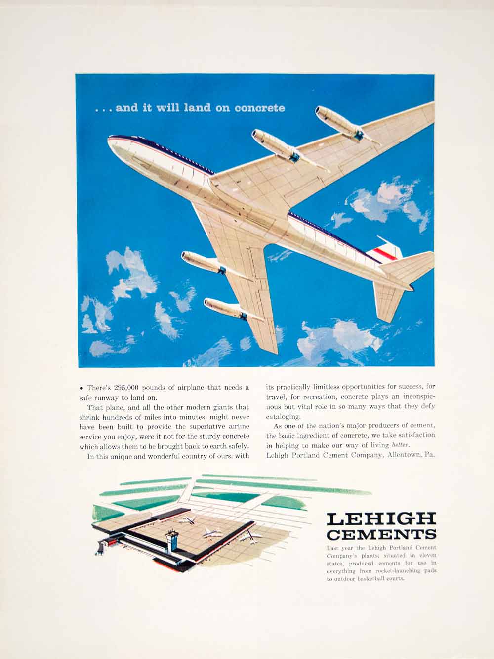 1960 Ad Plane Aviation Lehigh Portland Cement Airport Concrete Sky Runway YTF8