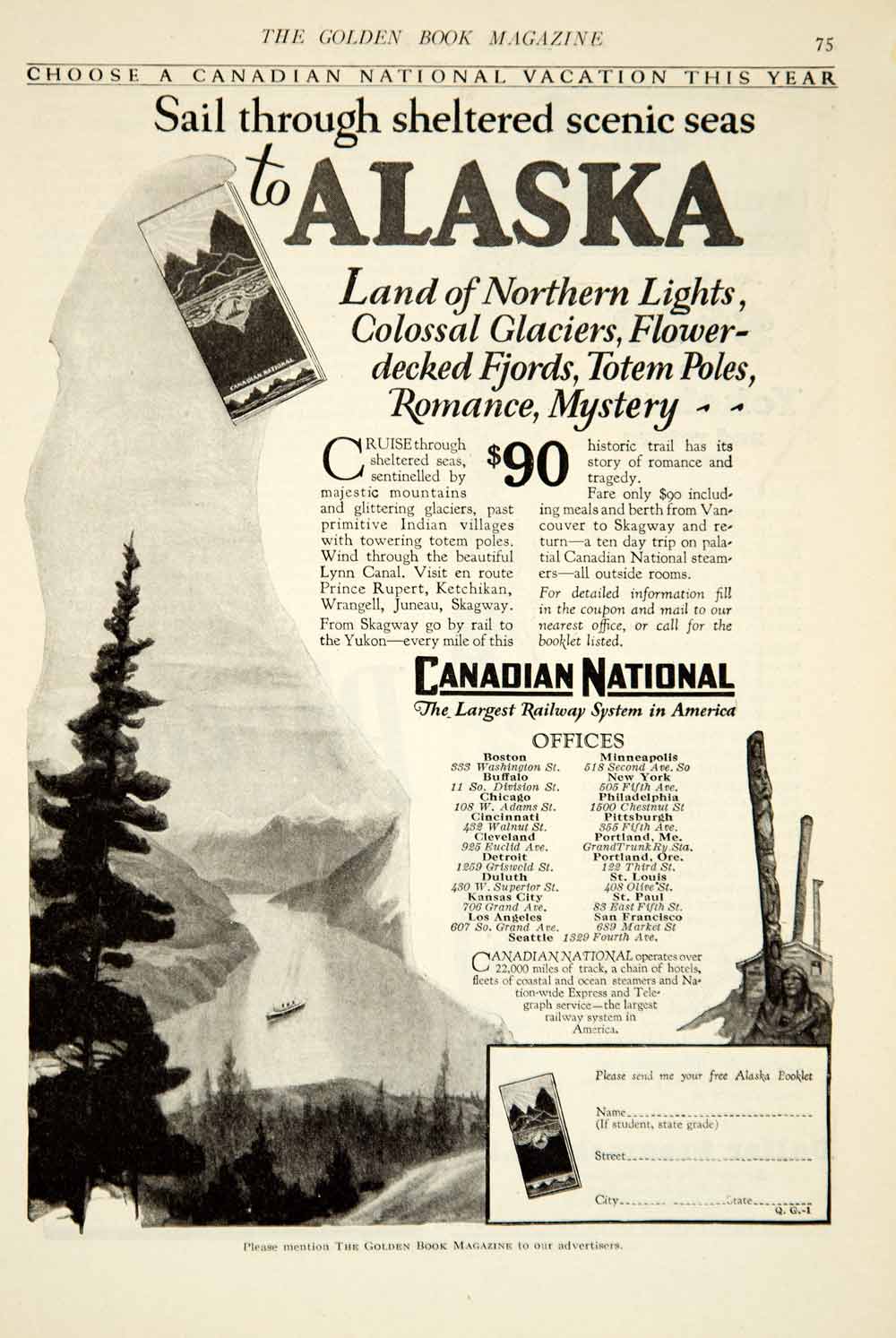 1927 Ad Alaska Travel Brochure Canadian National Railway Cruise Vacation YGB1