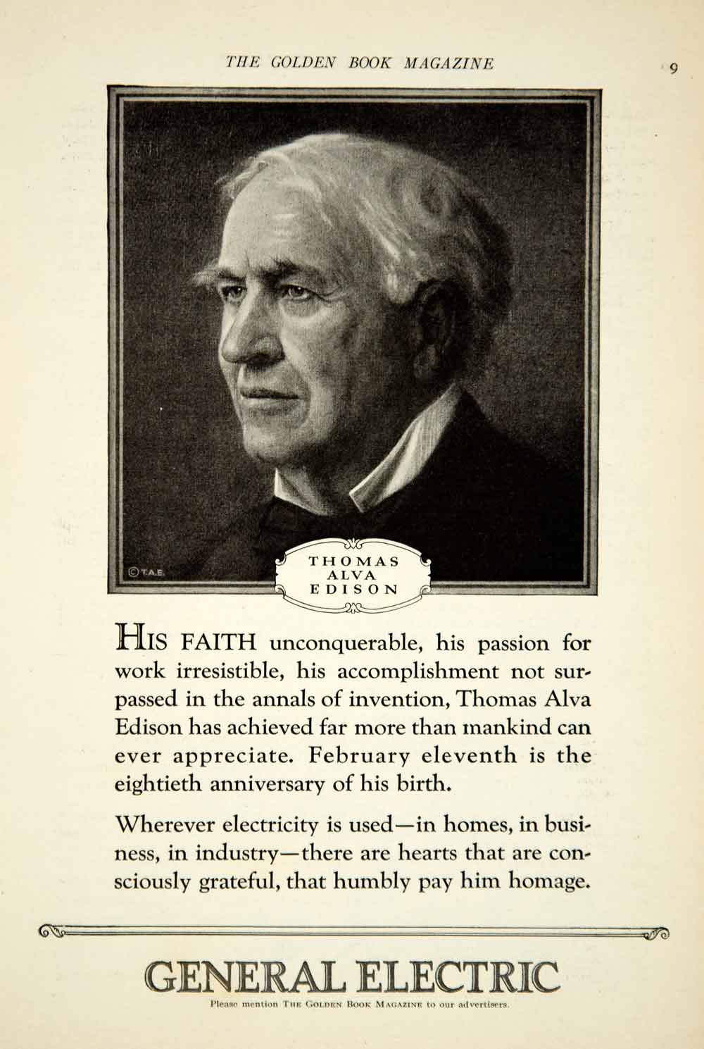 1927 Ad Thomas Alva Edison Portrait General Electric Famous Inventor YGB1